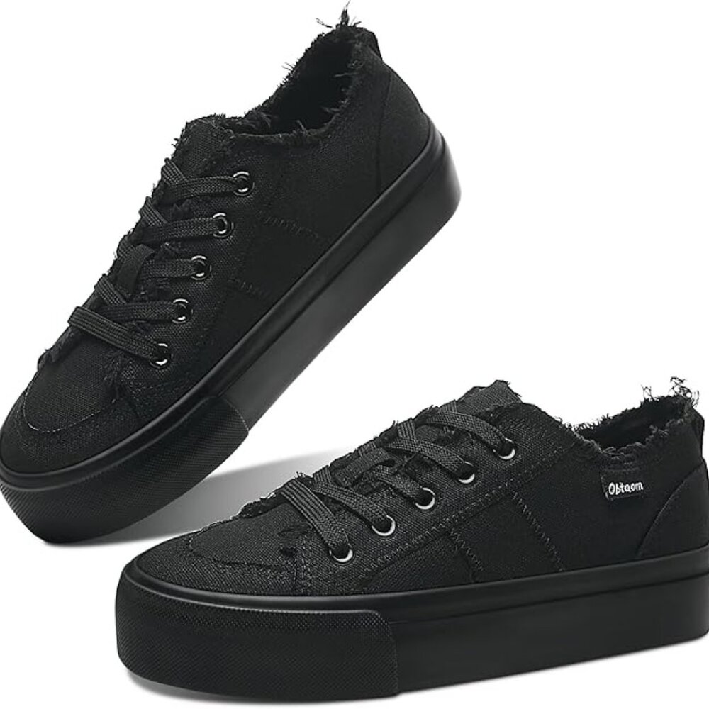 NWOT Obtaom Women Platform Black Canvas Sneakers Size 7